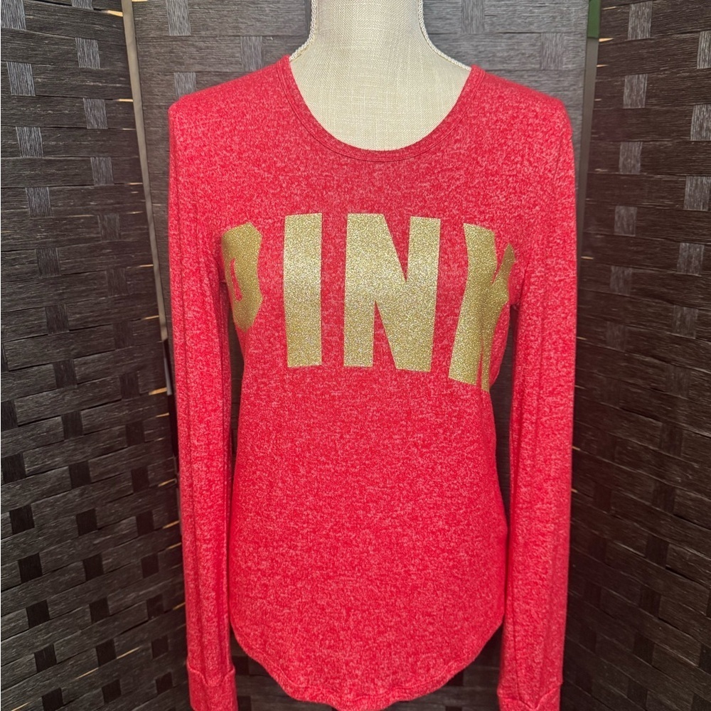 PINK Victoria's Secret Red Long Sleeve Tee with Gold Logo